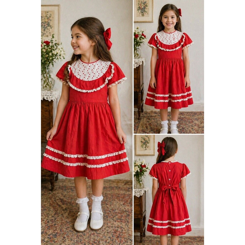 VTG Girls Red Prairie Dress Lace Eyelet Yoke Cottagecore Handmade 70s